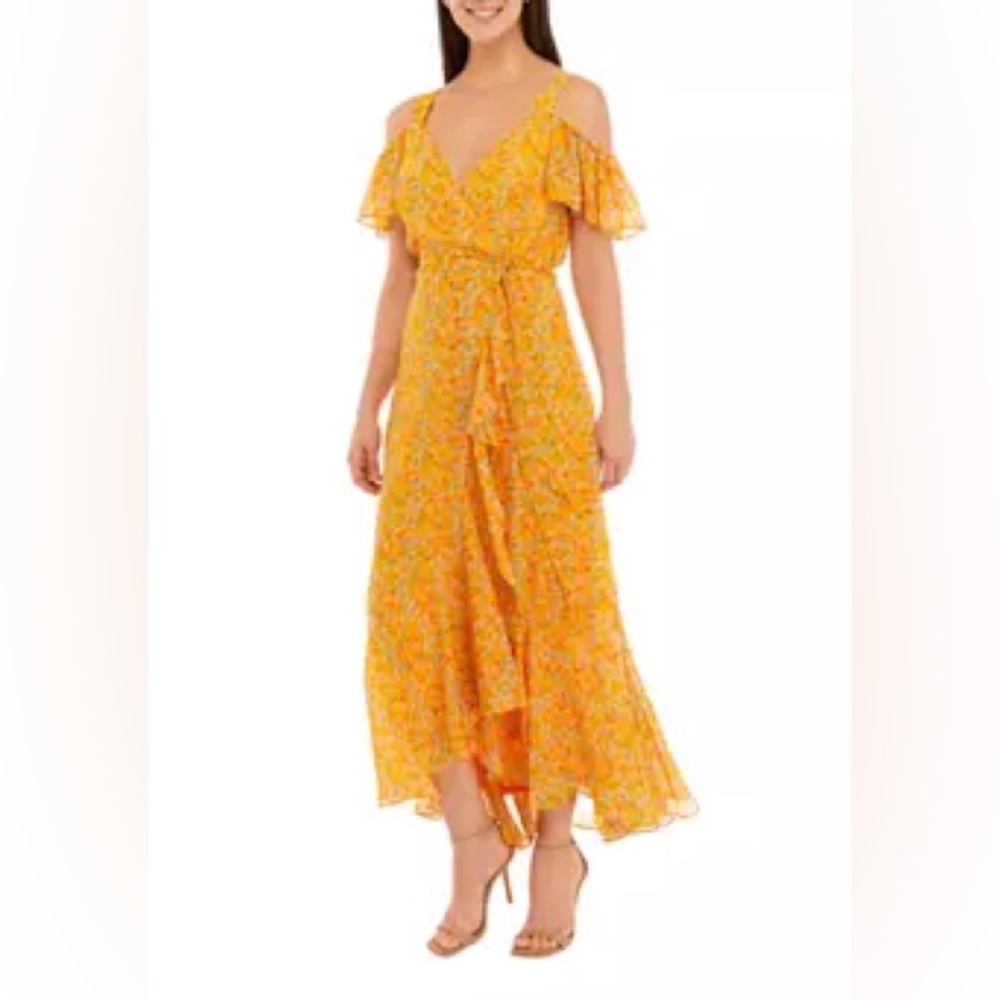 Madison Tara Yellow Apricot Short Sleeve Cold Shoulder Floral Maxi Dress Size 6